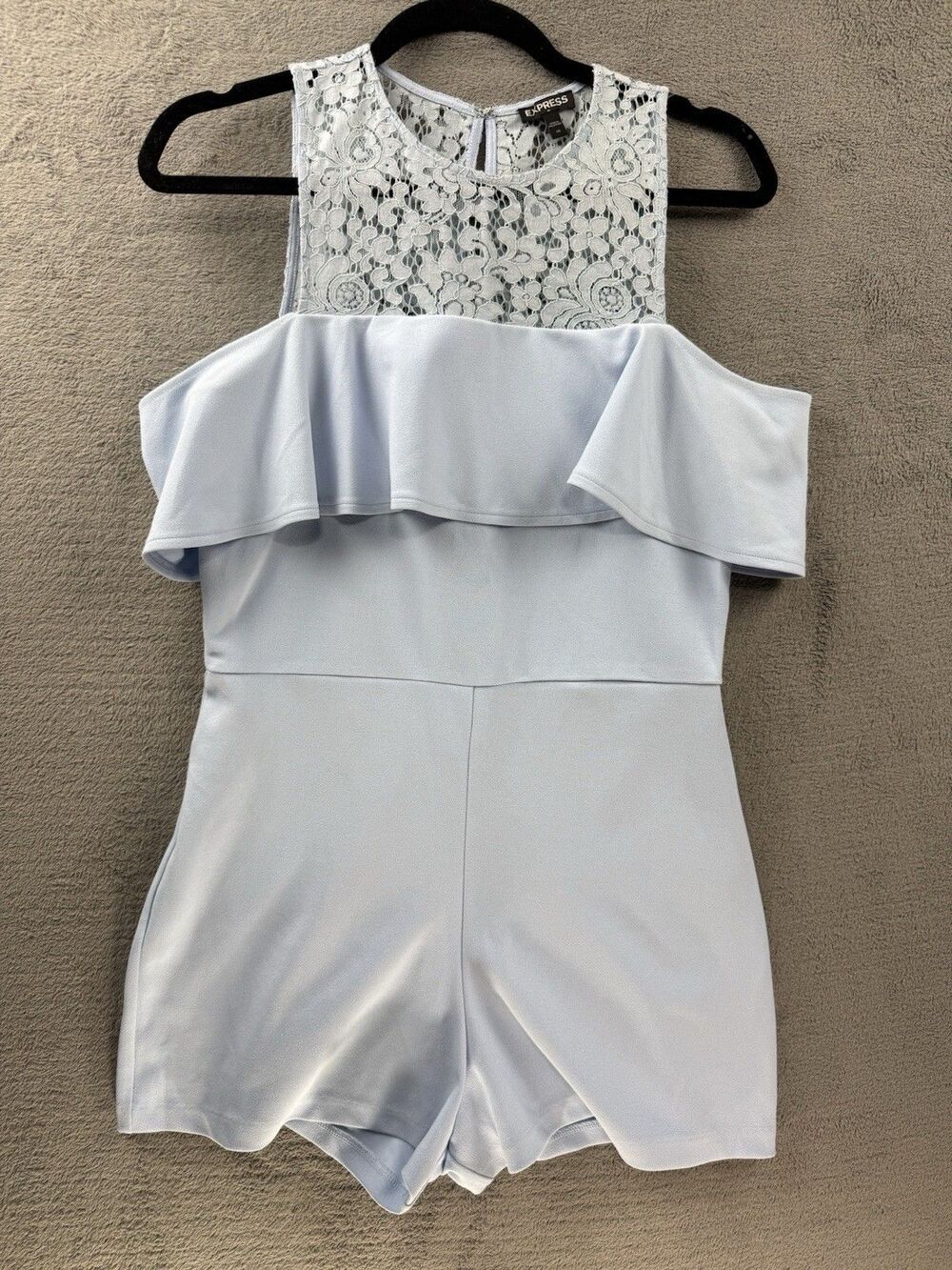 Express Romper Women’s Ice Blue With Lace Size 10 Ruffle Detail